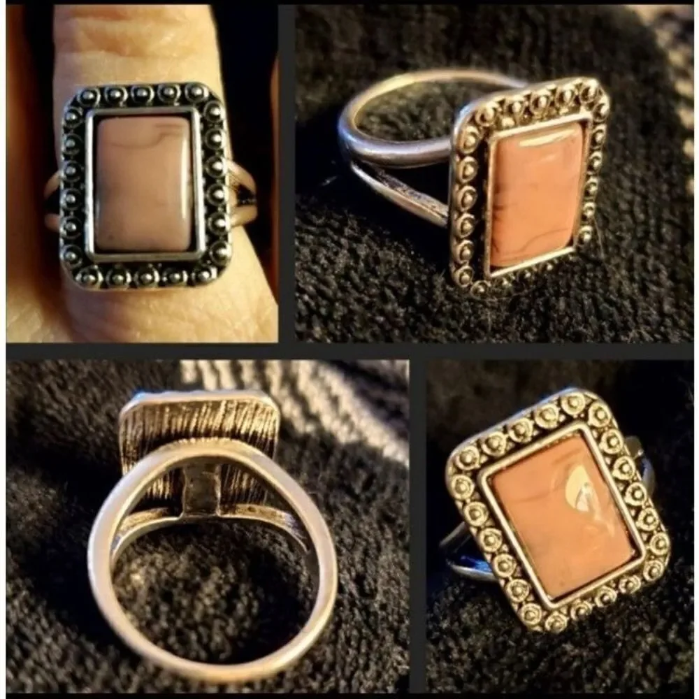 Vintage Square Pink Marble Resin Silver Ring sz 7